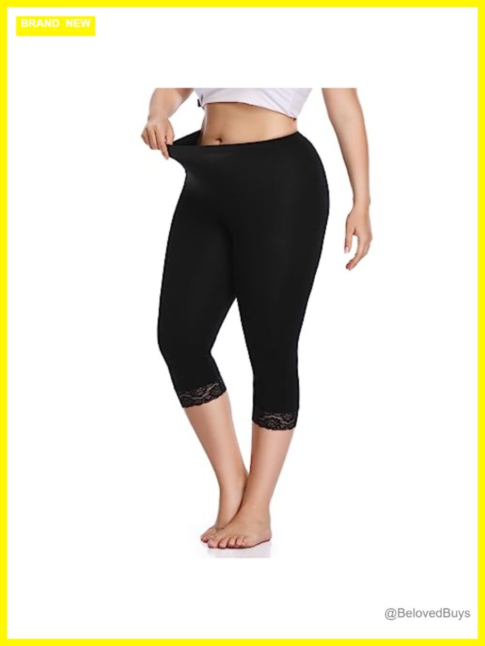 Plus Size Capri Leggings Lace Trim 4-Way Stretch Crop
